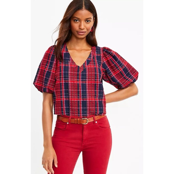 LOFT Tops - LOFT Plaid‎ Ballon Sleeve V Neck Top Size Medium NWT